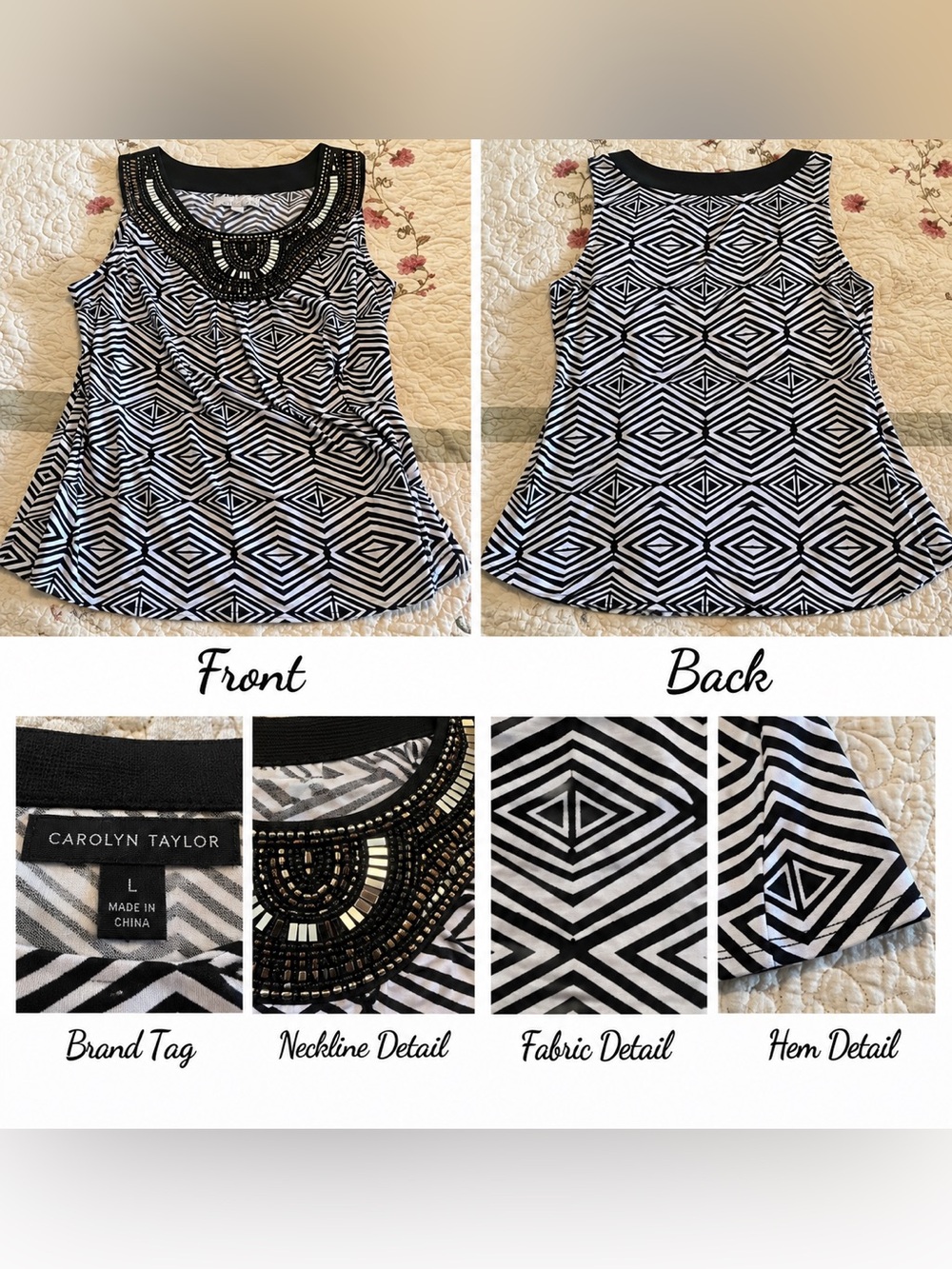 Carolyn Taylor Black and White Embellished Collar Tank Top